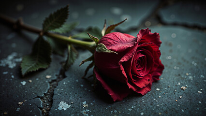 Beautiful red rose on a cracked stone slab with a moody atmosphere