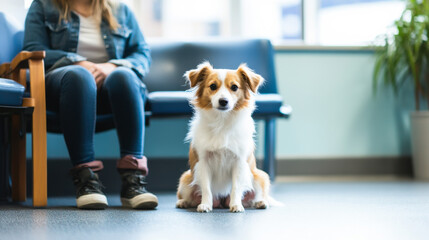Happy dog waiting at the veterinary clinic with a patient during a sunny afternoon