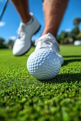 A golfer prepares to take a swing on a sunny day at the lush golf course, focusing intently on the ball
