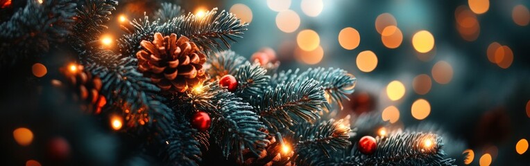 A festive collection of shimmering holiday lights and decorations among evergreen branches