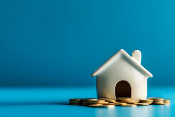 Piggy bank shaped like a house to save money on a blue background. Generative AI.