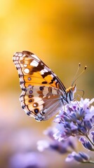 Obraz premium Vibrant Butterfly Resting on Lavender Blossom with Warm Background Bokeh