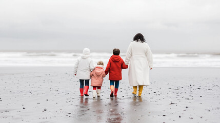 Four family members stroll along a wet beach on a gray day