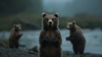 Obraz premium Three adorable brown bears in a misty wilderness, with one standing curiously while the others observe nearby.