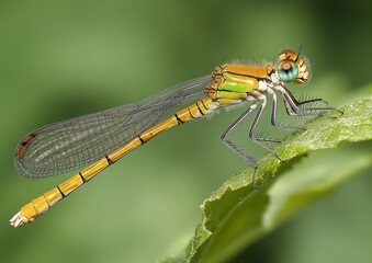 A colorful dragonfly rests on a leaf, displaying its intricate wings in a sunlit environment