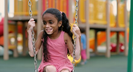Joyful playground moment with young girl on swing wearing pink dress