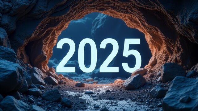 bright numbers 2025 in a cave underground
