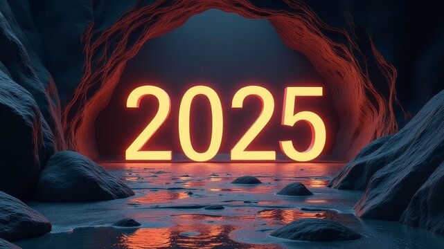 bright numbers 2025 in a cave underground