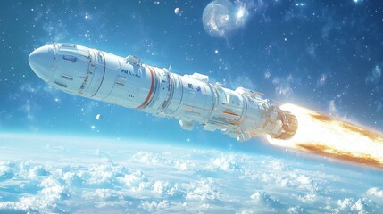 Futuristic white rocket with detailed metallic body launching through bright blue sky and clouds towards glowing moon, space exploration concept for technology, innovation, science themes, adventure