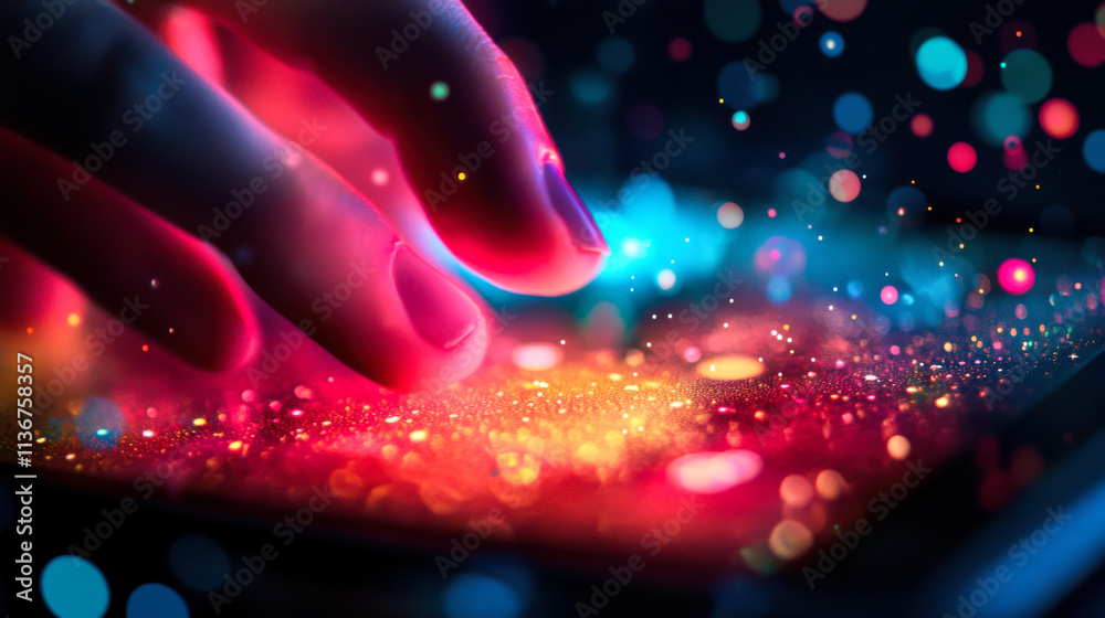 Poster digital interaction showcasing data analysis with vibrant colors and intricate visuals in a dark set