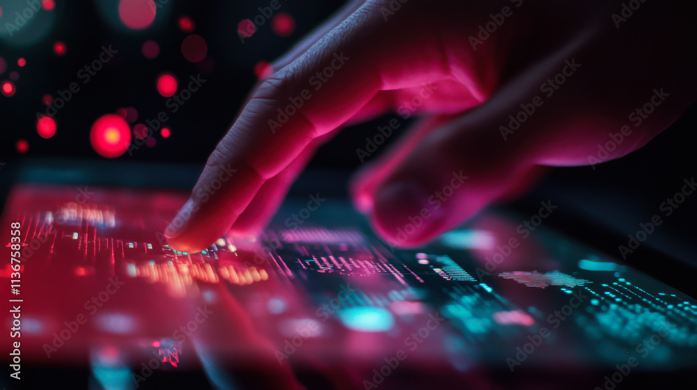 Poster digital interaction showcasing data analysis with vibrant colors and intricate visuals in a dark set