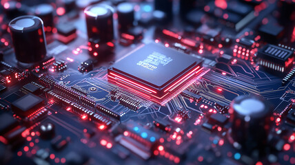 High tech circuit board with glowing red components