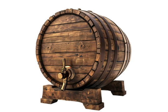 An Isolated Wooden Beer Barrel with a Faucet, Set Against a Transparent Background, Ideal for Beverage, Brewery, or Vintage-Themed Designs