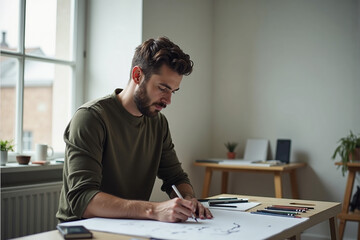 Man appearing focused while sketching in a minimalist studio