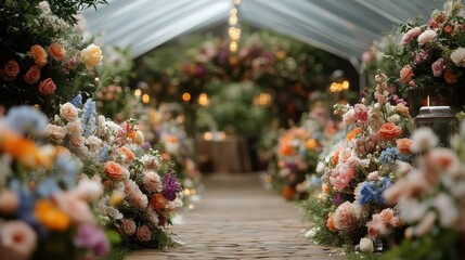 Fototapeta premium Elegant floral arrangements with pastel roses and greenery lining aisle, wedding ceremony decoration, romantic event setup, soft natural light, garden venue, festive atmosphere