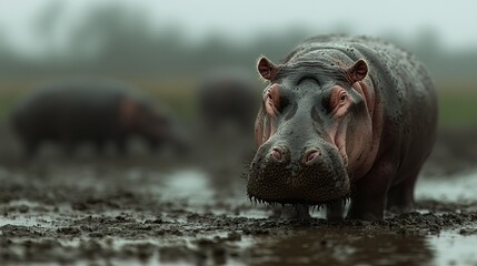 Fototapeta premium A close-up of a muddy hippopotamus in a foggy wetland, showcasing its distinctive features and thick skin.