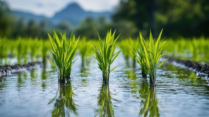 Fototapeta premium Serene Green Reeds Rising from Reflective Waters