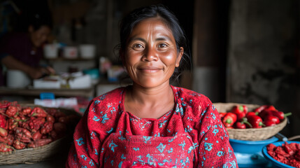 Obraz premium Woman in traditional clothing smiles with vibrant vegetables around her