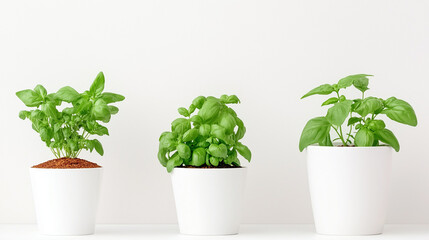 Fototapeta premium Three basil plants in white pots sit against a neutral background