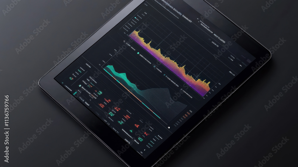 Poster data analytics dashboard displaying visual graphs and statistics on a tablet screen in a dark enviro