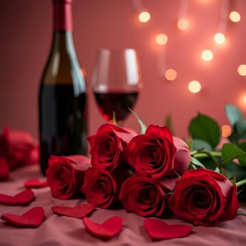 Disfruta de una velada inolvidable con vino tinto y rosas rojas frescas.

