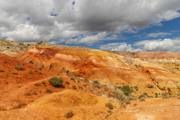 Altai Mars number one (multicolored mountains). Kyzyl Chin valley, also called as Mars valley. Chagan Uzun village, Altai republic, Russia. 