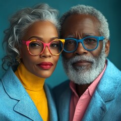 Stylish senior couple wearing colorful glasses for fashion, lifestyle, and positive aging campaigns