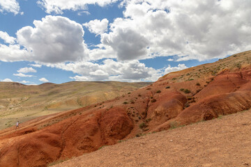 Altai Mars number one (multicolored mountains). Kyzyl Chin valley, also called as Mars valley. Chagan Uzun village, Altai republic, Russia. 