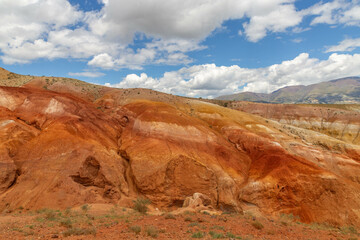 Altai Mars number one (multicolored mountains). Kyzyl Chin valley, also called as Mars valley. Chagan Uzun village, Altai republic, Russia. 