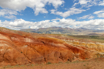 Fototapeta premium Altai Mars number one (multicolored mountains). Kyzyl Chin valley, also called as Mars valley. Chagan Uzun village, Altai republic, Russia. 