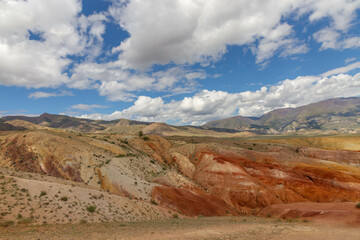 Altai Mars number one (multicolored mountains). Kyzyl Chin valley, also called as Mars valley. Chagan Uzun village, Altai republic, Russia. 