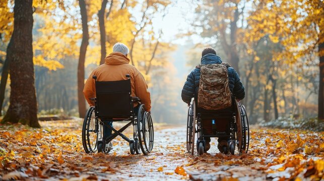 A11y empathetic ttd Forest bathing Neurodiversity Social prescribing EvolutionIQ Everyhuman Included Health Grow therapy Two elderly men, one in a wheelchair and walking with backpack, enjoying autum