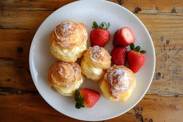 Custard filled cream puffs, each topped with fresh strawberries, arranged on a simple white plate