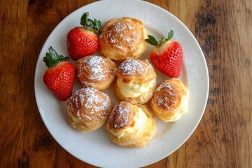 Custard filled cream puffs, each topped with fresh strawberries, arranged on a simple white plate
