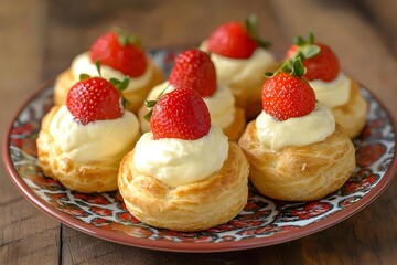 Custard filled cream puffs, each topped with fresh strawberries, arranged on a simple white plate