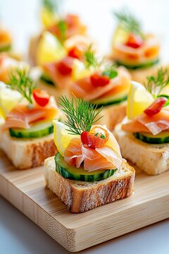 Tostas decoradas con salm&oacute;n ahumado, pepino fresco y lim&oacute;n en una elegante tabla de madera