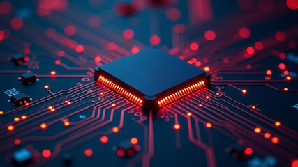 Obraz premium close up of red glowing processor. concept of technology and progress