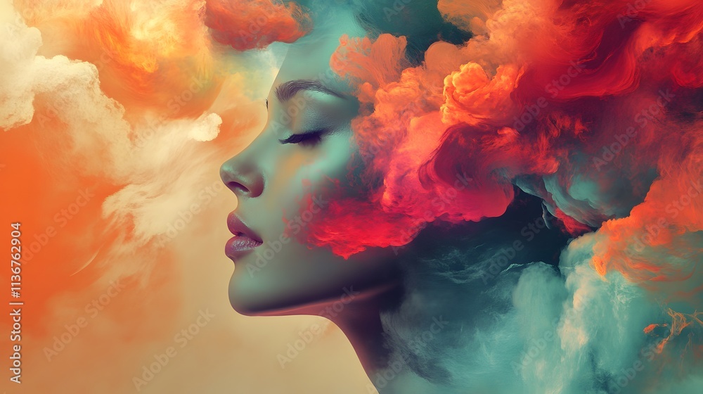 Aufkleber enigmatic woman surrounded by colorful clouds and mystical hues, captivating artistic expression of 