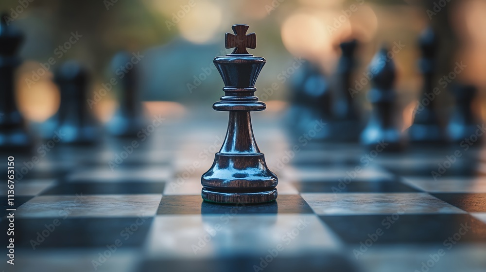 Poster close-up of a king chess piece on an outdoor chessboard surrounded by other blurred chess pieces in 