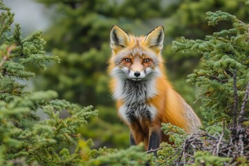Close-up of a Red Fox (Vulpes vulpes) with a bokeh background of pine trees, looking directly at the camera
