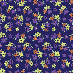 Seamless floral pattern, liberty ditsy print of mini pretty bouquets. Cute botanical design: small hand drawn flowers, tiny leaves in an abstract composition on a light background