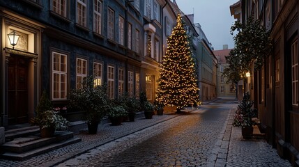Obraz premium A charming cobblestone street adorned with a beautifully lit Christmas tree in a cozy winter evening.