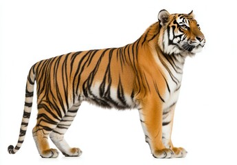 Obraz premium The profile of a tiger standing, viewed from the side, isolated on a white backdrop