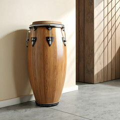 A conga drum is a tall, cylindrical percussion instrument made of wood