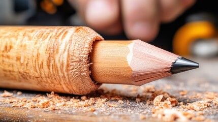 Close-up of wooden pencil with natural bark texture and sharp graphite tip on table, creative writing concept, education background, rustic warm tones, artistic workspace atmosphere