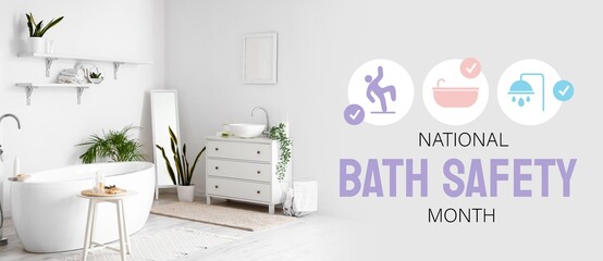 Banner for National Bath Safety Month with modern interior of bathroom