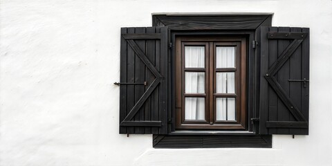Fototapeta premium Vintage black open wooden window on white rustic wall.