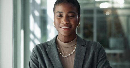 Face, business and black woman with smile in office, confidence and career ambition. African person, economy analyst and employee in workplace, proud and financial advisor with happiness and joy - Powered by Adobe