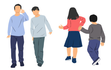 Obraz premium Couple of boys, boy and girl, children walking, front and back view, different colors, cartoon character, people silhouettes, teenagers, flat icon design concept isolated on white background