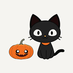 Halloween card with black cat sitting on carved pumpkin and bats, colorful vector illustration